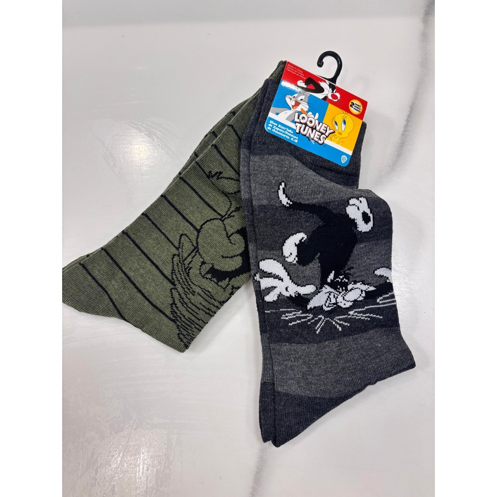 Looney Tunes Mens Crew Socks 2 Pack Tasmanian Devil Sylvester Grey Green 6-12
